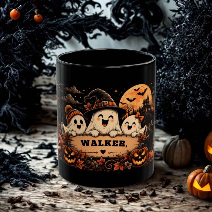 Personalised Ghost Mug with custom name three friendly ghosts pumpkins and orange moon