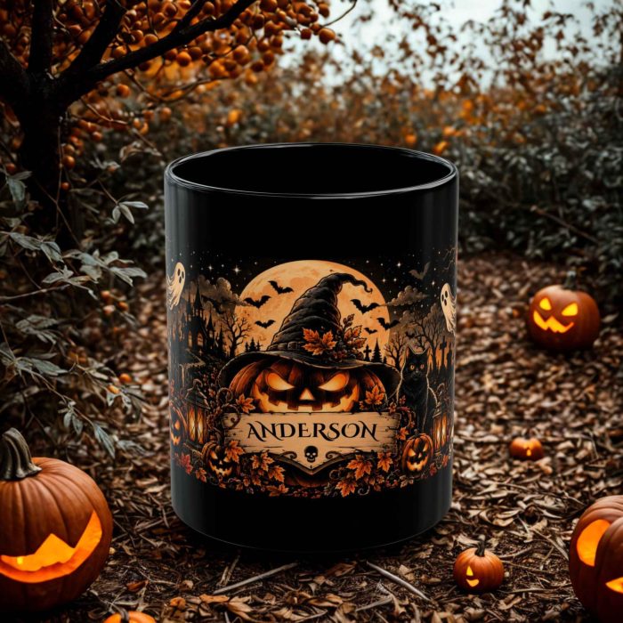 Personalised Witch Pumpkin Mug with custom name witch-hat pumpkin black cat and orange moon