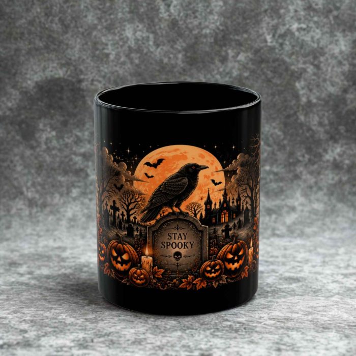 Stay Spooky Mug with raven gravestone orange moon and Halloween pumpkins