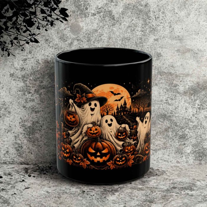 Cute Ghost Halloween Mug with trick or treat ghosts pumpkins and orange moon