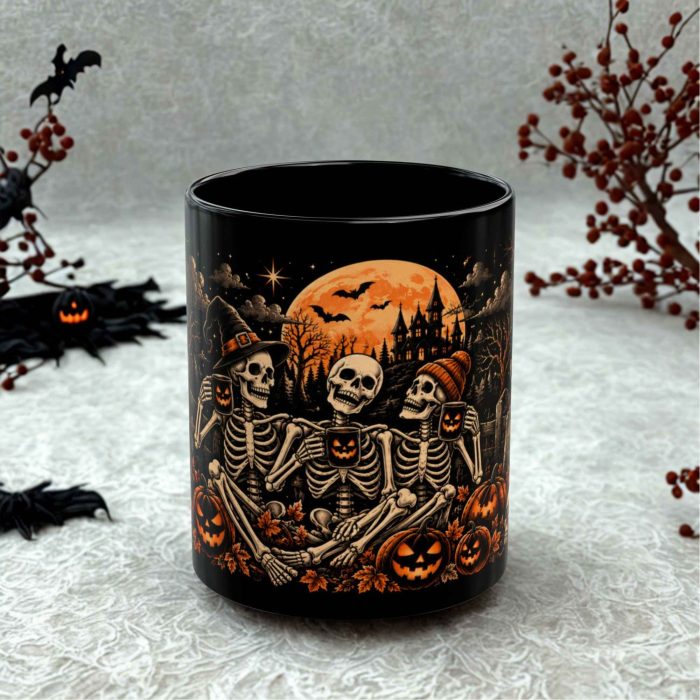 Good Friends Spooky Times Mug with three skeleton friends and Halloween pumpkins