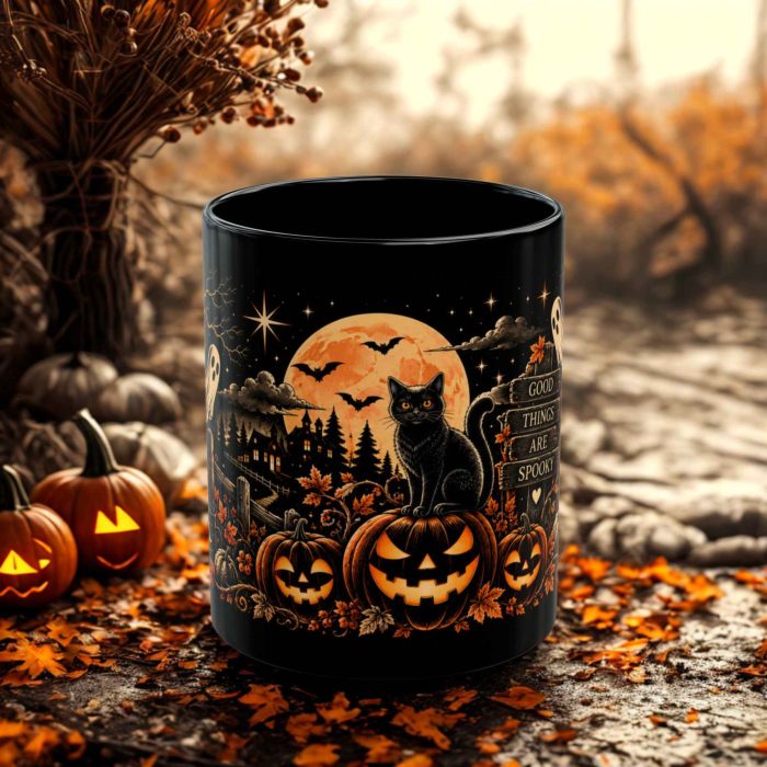 Good Things Are Spooky Mug with black cat pumpkins and orange Halloween moon