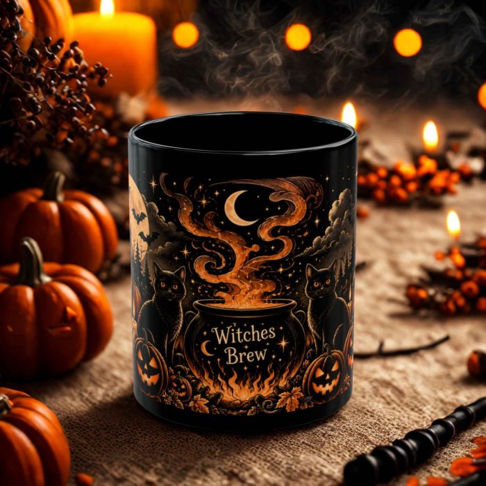 Witches Brew Mug with cauldron black cats pumpkins and crescent moon