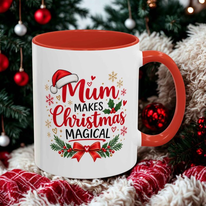Mum Makes Christmas Magical Mug with festive Santa hat, holly and red bow