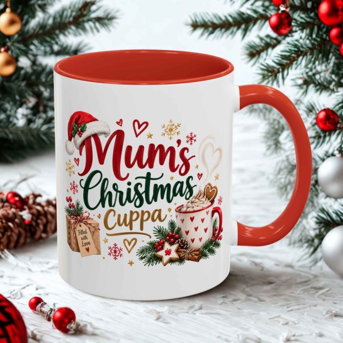 Mum's Christmas Cuppa Mug with festive hot chocolate, Santa hat and Christmas greenery